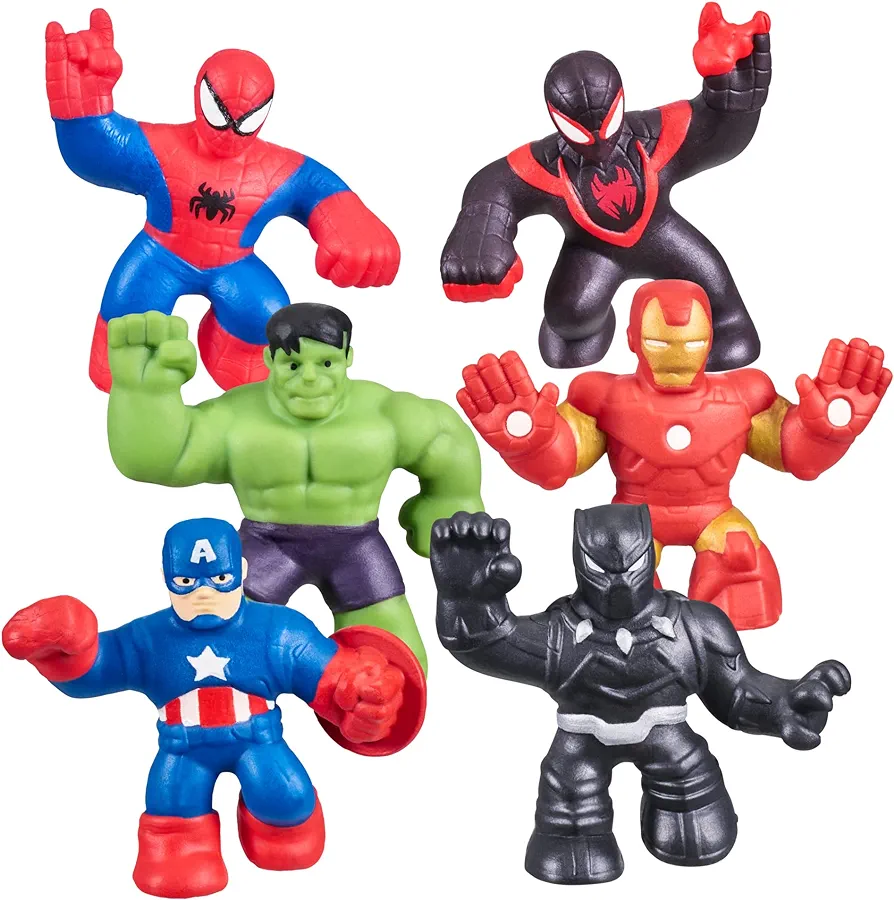 Heroes of Goo Jit Zu Marvel Mega Mini 6 Pack - Squishy, Stretchy, Gooey Mini Heroes - Ironman, Spider-Man, Captain America, Miles Morales, Hulk and Black Panther