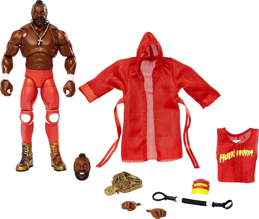 WWE Ultimate Edition Mr. T Action Figure, 6-inch Collectible with Extra Heads, Swappable Hands & WrestleMania Entrance Robe for Ages 8 Years Old & Up