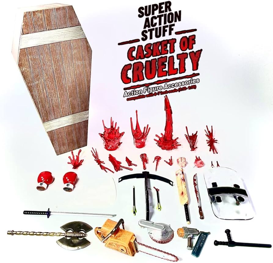 Casket of Cruelty 30+ Piece Accessories Set for 1:12 Scale (Six and Seven inch) Action Figures. Includes Coffin, Weapons and Blood Effects.