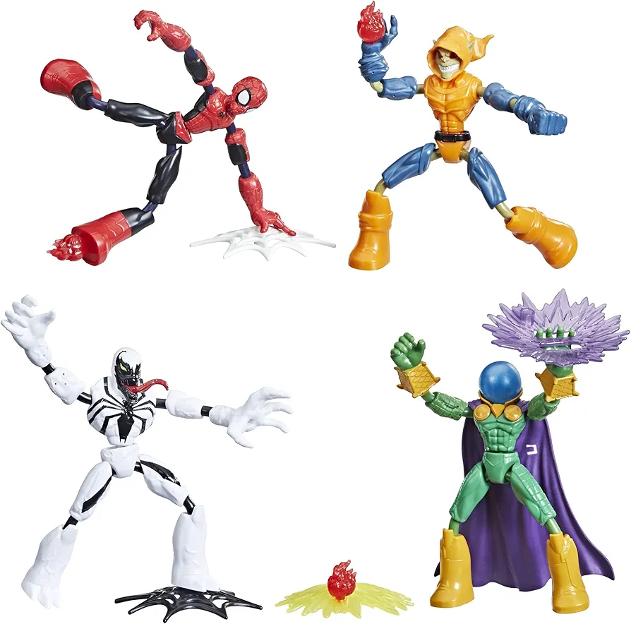 Spider-Man Marvel Bend and Flex Action Figure Toy, and Anti-Venom Vs. Marvel's Mysterio and Hobgoblin, Frustration Free Packaging (Amazon Exclusive), Multicolor, 4 Count (Pack of 1) with Accessories